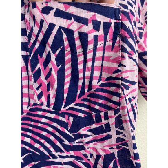 Club Room Linen Button Up Shirt Mens size Large Blue Pink Palm Hawaiian Vacation - Picture 11 of 11